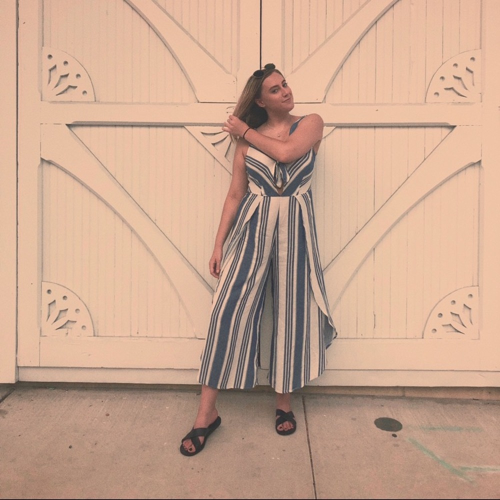 Blue & white striped split leg jumpsuit worn once